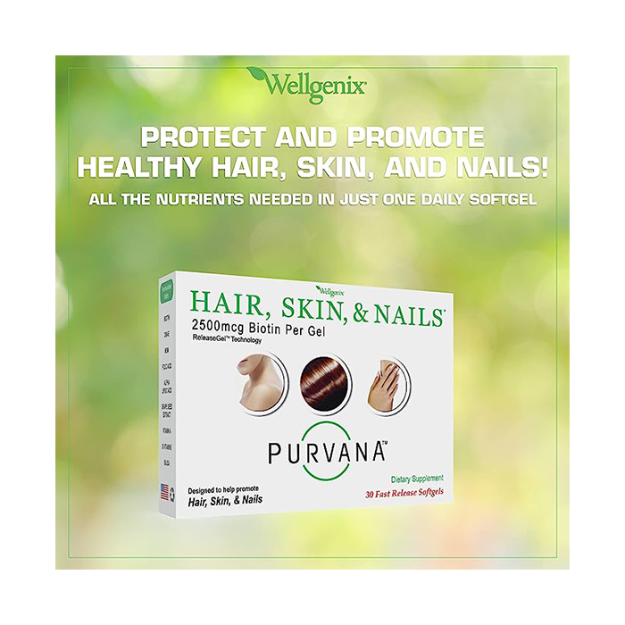 Wellgenix Purvana Hair, Skin, and Nails Vitamin Softgels for High Absorption - Double Strength 2500mcg Biotin, VIT A & B, Folic Acid, Grape Seed Extract (30 Count)