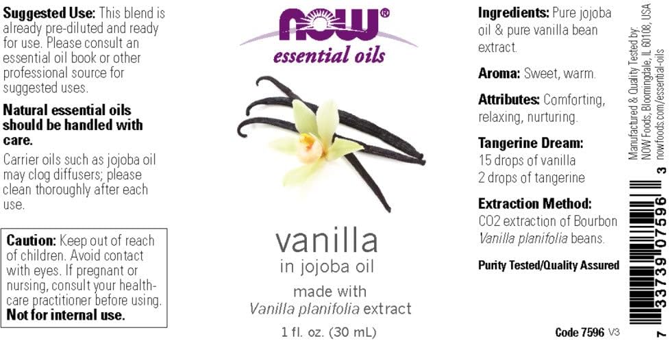 NOW Essential Oils, Vanilla Oil, Blend of Pure Vanilla Bean Extract in Pure Jojoba Oil, Sweet Aromatherapy Scent, Vegan, Child Resistant Cap, 1-Ounce