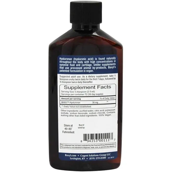 Baxyl® - Liquid Hyaluronan Acid for Joint Relief Supplement (Vegan, Gluten-Free, Non-GMO, Patented Oral MHB3). 6 Ounce, 36 day supply