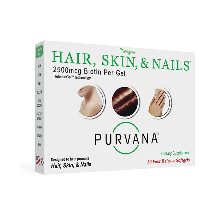 Wellgenix Purvana Hair, Skin, and Nails Vitamin Softgels for High Absorption - Double Strength 2500mcg Biotin, VIT A & B, Folic Acid, Grape Seed Extract (30 Count)