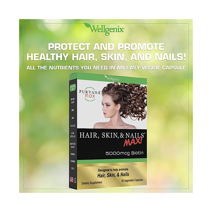 Wellgenix Purvana Max Hair, Skin, and Nails Vitamin Vegetable Capsules 5000mcg Biotin 30ct (2 Pack)