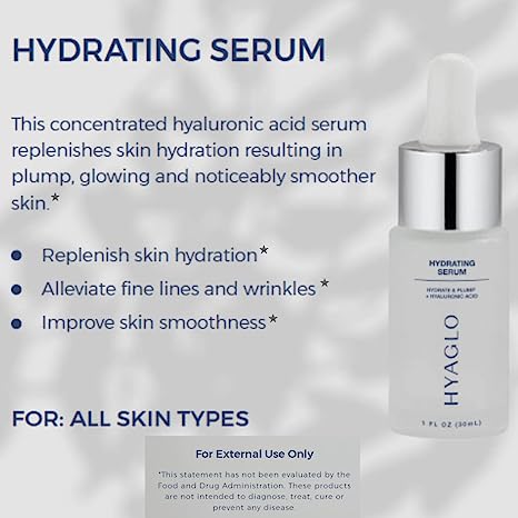 Roll over image to zoom in HYAGLO® Intense Moisture Hyaluronic Acid Hydrating Serum | Instant Skin Hydration | Topical Facial Treatment for Skin Dryness | Vegan-friendly, cruelty-free, paraben-free (1 oz)