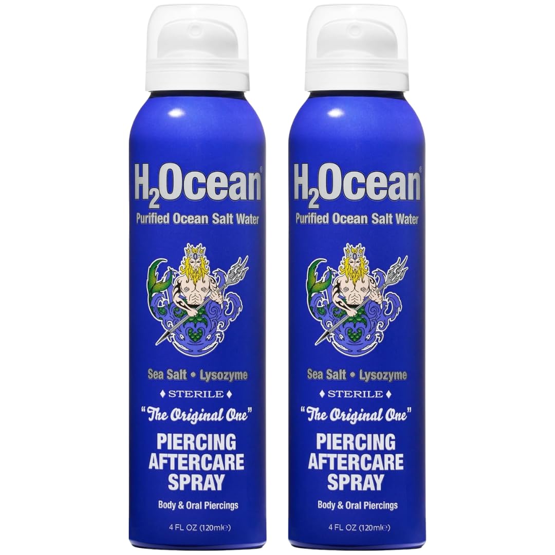 H2Ocean Piercing Aftercare Spray, Saline Spray for Piercings Cleaning Solution, with Sea Salt Nipple, Ear, Nose, Lip, Belly Piercings Cleaning Spray with Sea Salt & Bump Treatment, Set of 2