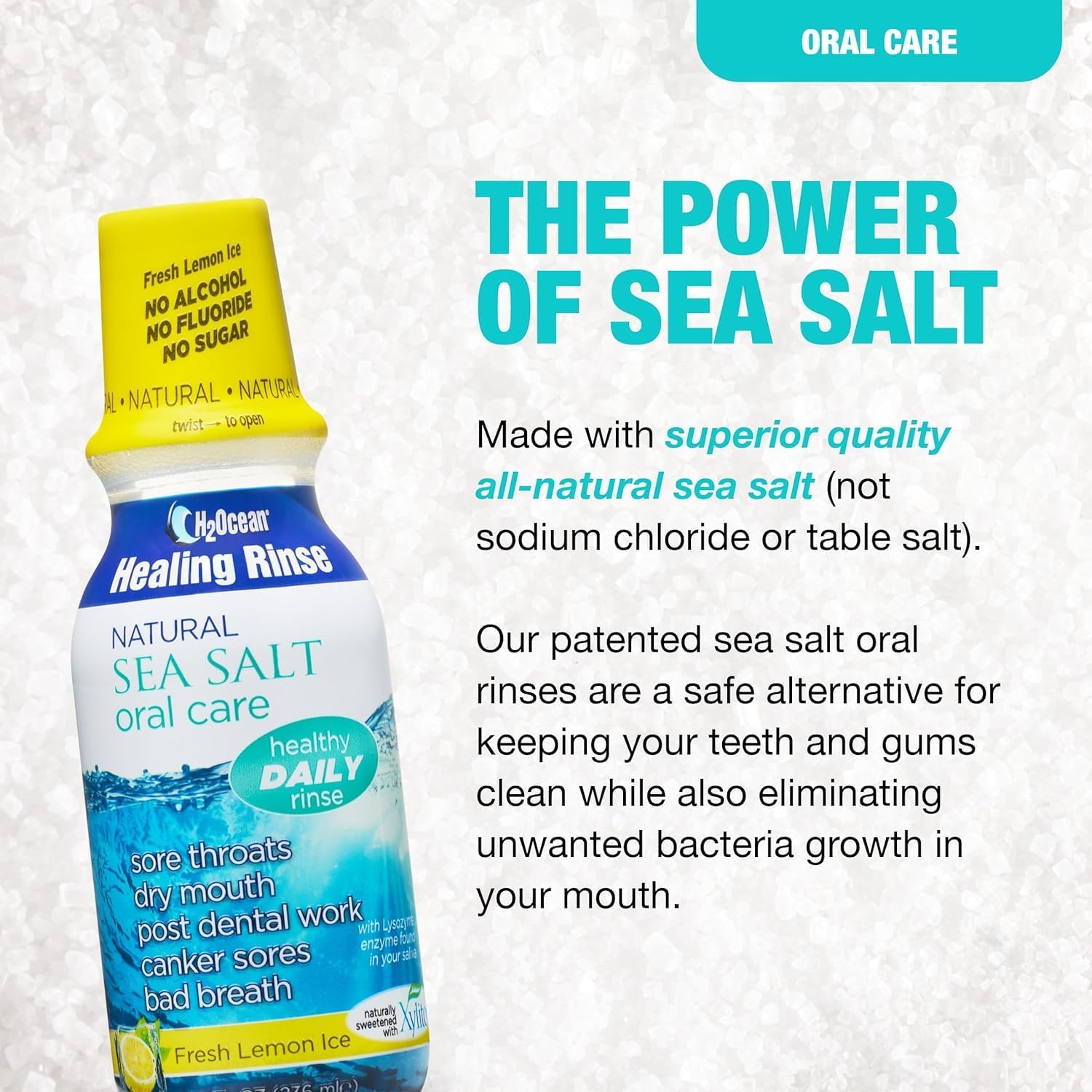 H2Ocean Healing Rinse Natural Sea Salt Oral Care - Mouth Rinse for Oral Care - Great for Piercings, Sore Throats & Gum Health - Alcohol- & Fluoride-Free Mouthwash - Lemon Ice, 8 oz (Pack of 2)