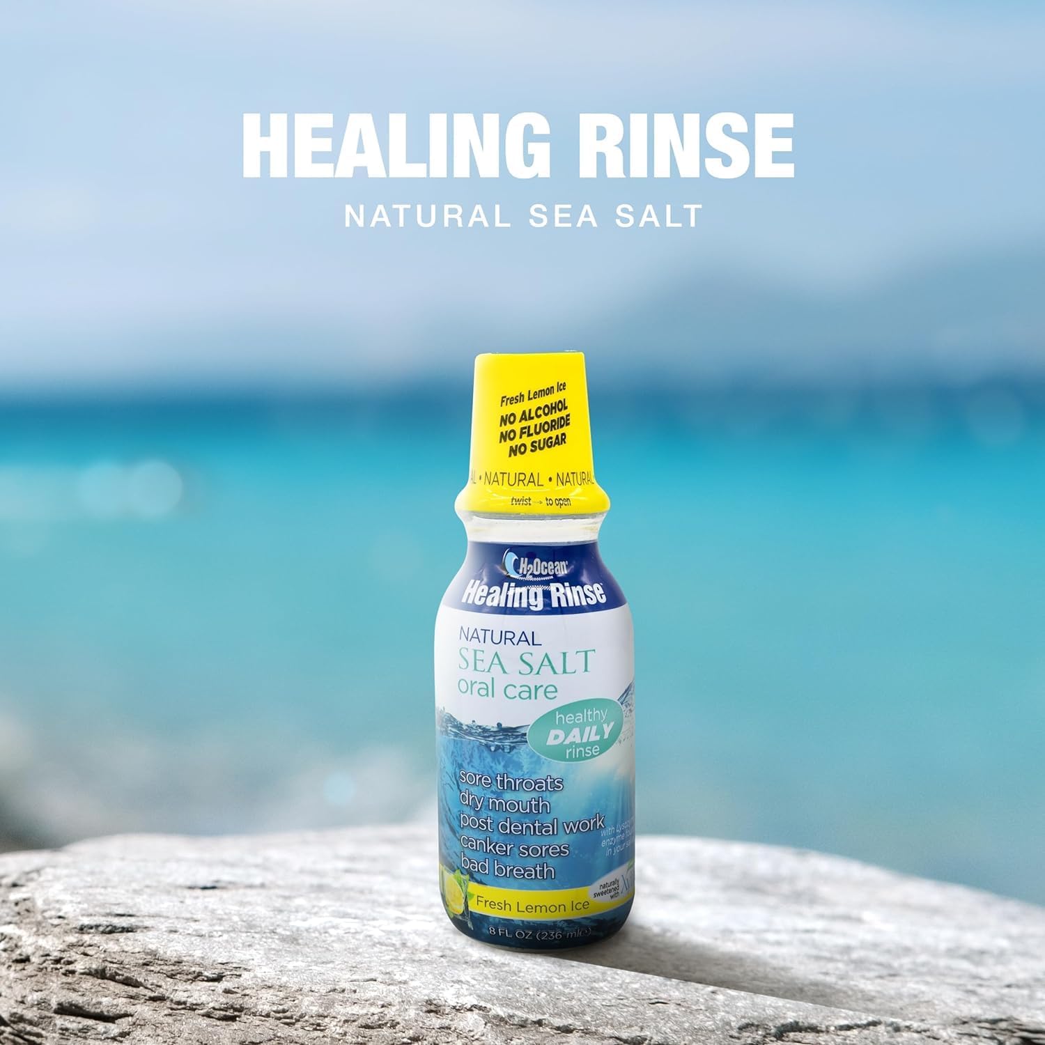 H2Ocean Healing Rinse Natural Sea Salt Oral Care - Mouth Rinse for Oral Care - Great for Piercings, Sore Throats & Gum Health - Alcohol- & Fluoride-Free Mouthwash - Lemon Ice, 8 oz (Pack of 2)