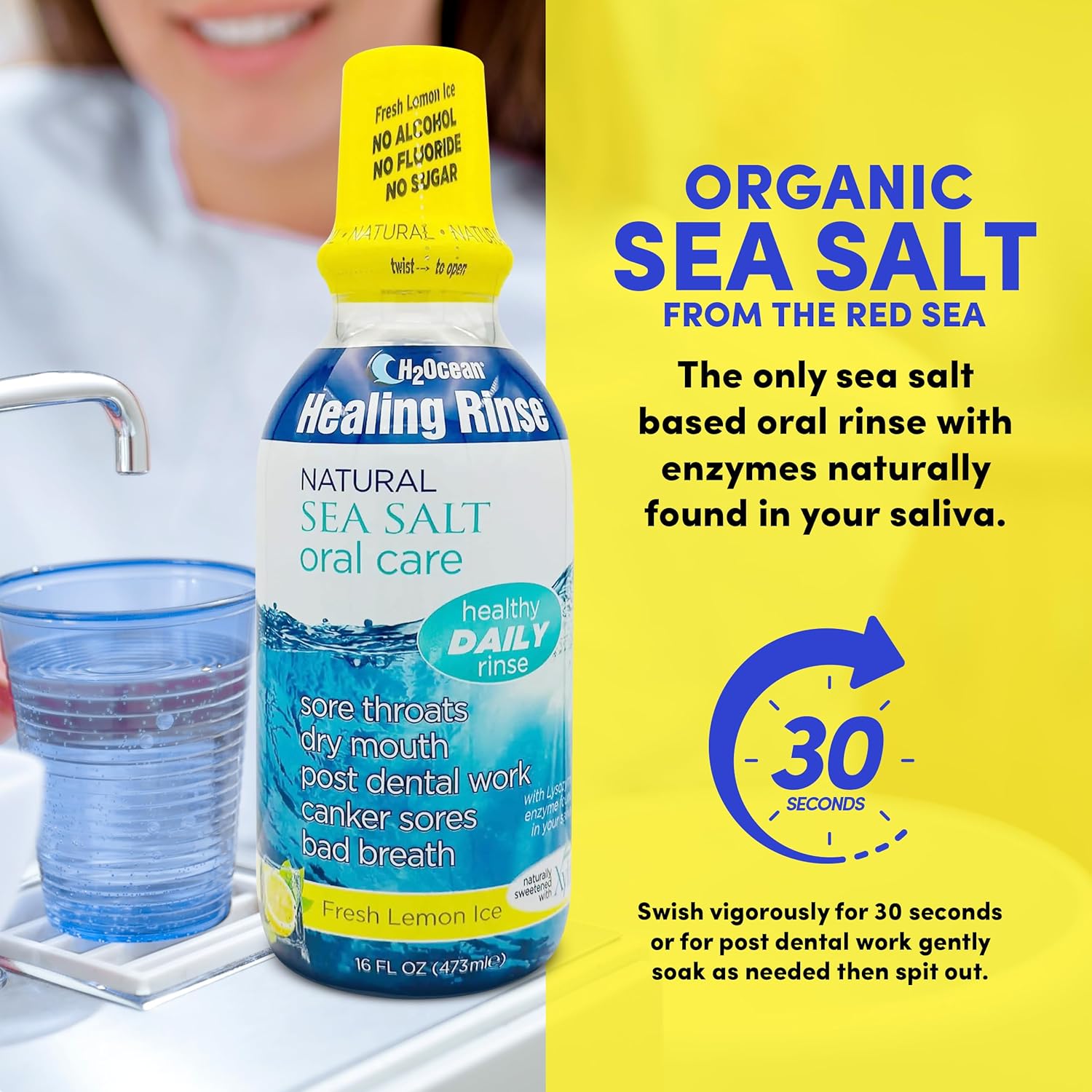 2 Pack H2Ocean Healing Rinse Mouthwash- Great Tasting Sea Salt & Xylitol Mouth Wash for Fresh Breath & Dry Mouth - Alcohol & Fluoride Free - Lemon Ice 16oz