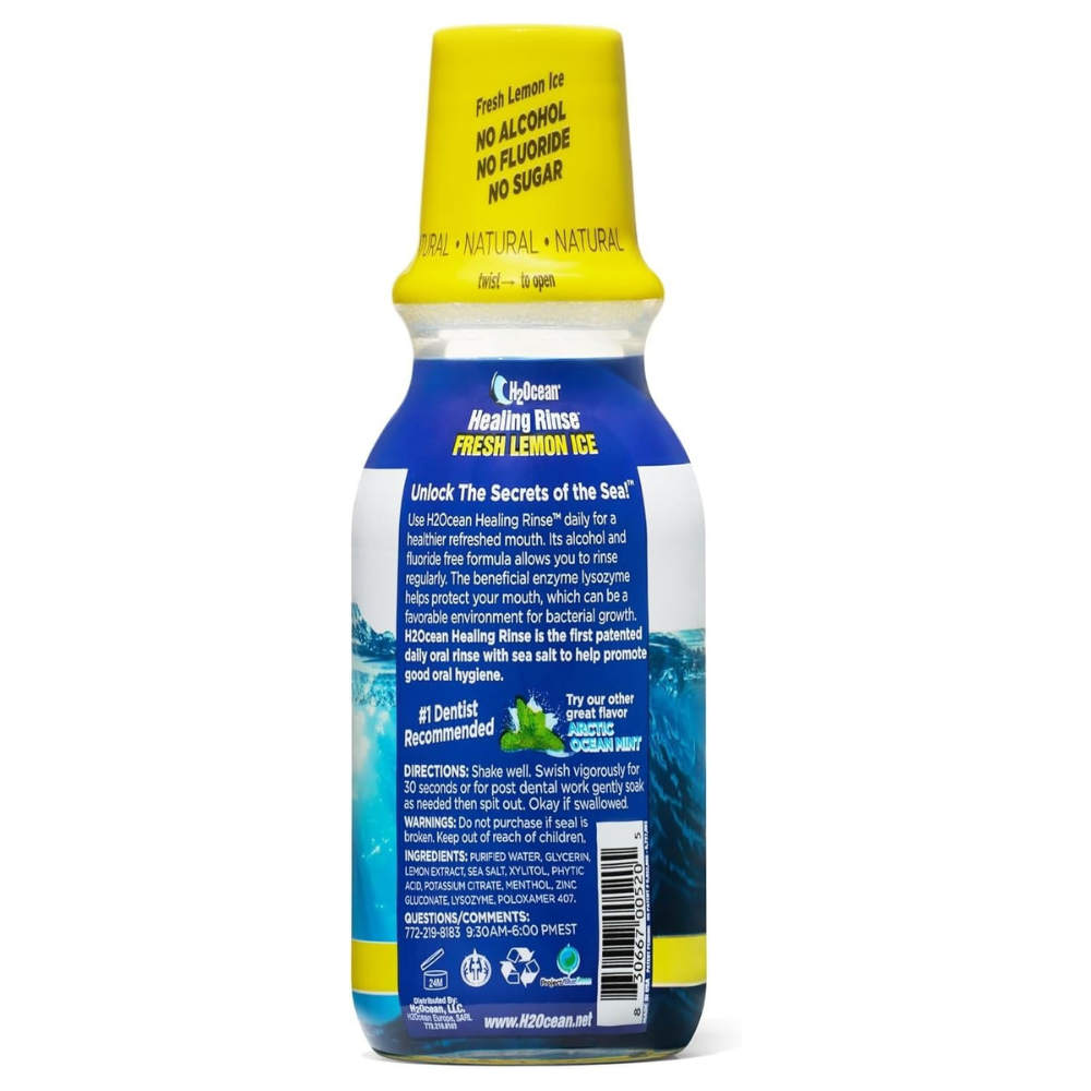 H2Ocean Healing Rinse Natural Sea Salt Oral Care - Mouth Rinse for Oral Care - Great for Piercings, Sore Throats & Gum Health - Alcohol- & Fluoride-Free Mouthwash - Lemon Ice, 8 oz (Pack of 2)