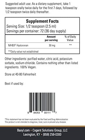 Baxyl® - Liquid Hyaluronan Acid for Joint Relief Supplement (Vegan, Gluten-Free, Non-GMO, Patented Oral MHB3). 6 Ounce, 36 Day Supply